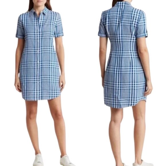 Theory Mayvine Dillon Plaid Linen Mini Shirt Dress Women 4 Blue White Preppy NWT - Picture 1 of 16
